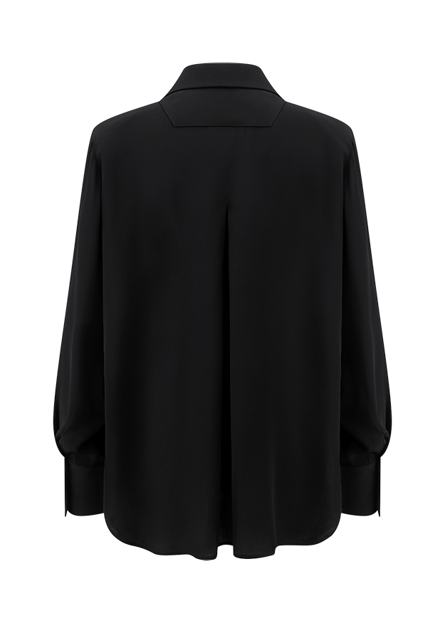 schwarze Bluse, Langarm, Hemdkragen, Rückenfalte