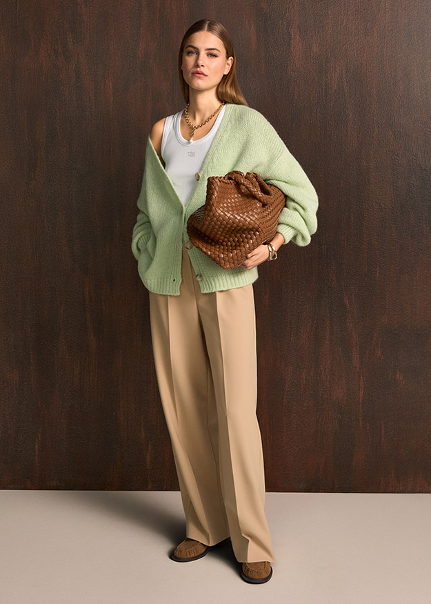 Cardigan, Minzgrün, Strickjacke, Tragetasche, weite Hose, beige Hose, weißes Oberteil, Layered Outfit