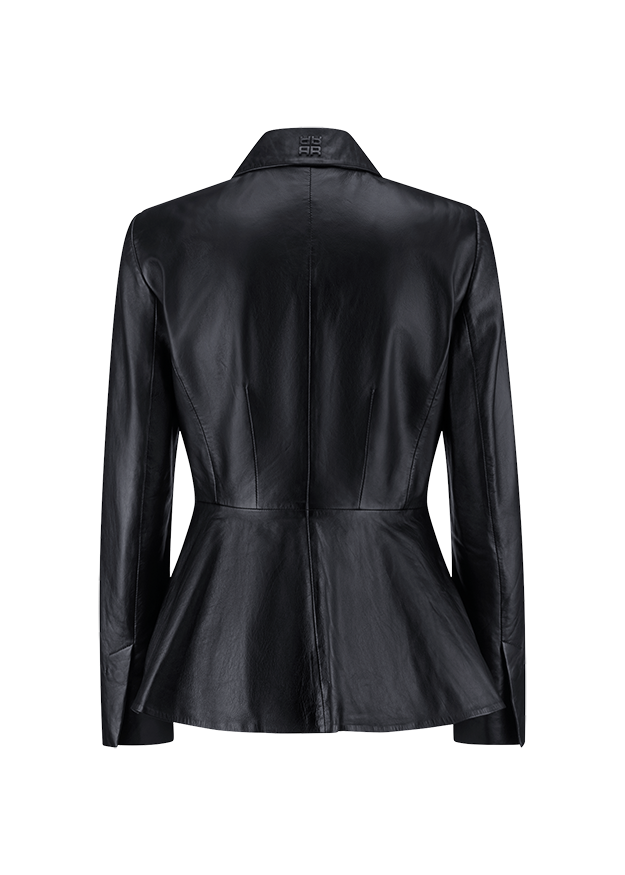 Lederjacke, Blazer, Schwarz, Taillierte Passform, Rüschen/Säume