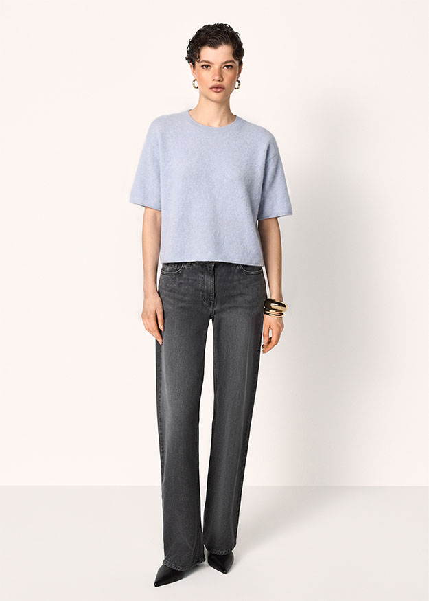 Top, kurzarm, hellblau, Knit, weite Passform