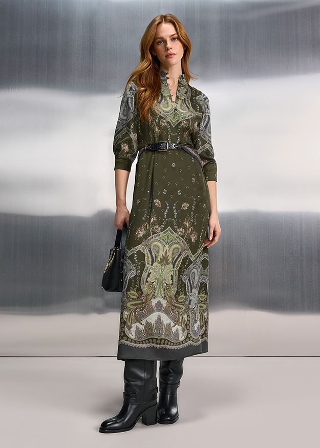 Kleid, Paisley-Muster, Olivgrün, Midilänge, Gürtel