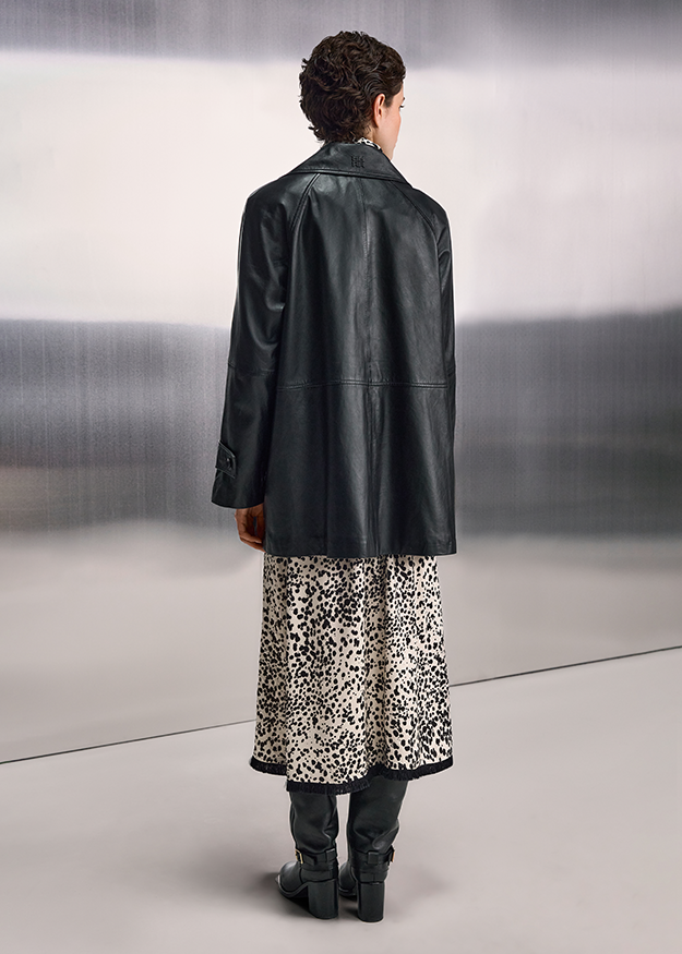Lederjacke, schwarz, Jacke, Länge lang, Leopardendesign