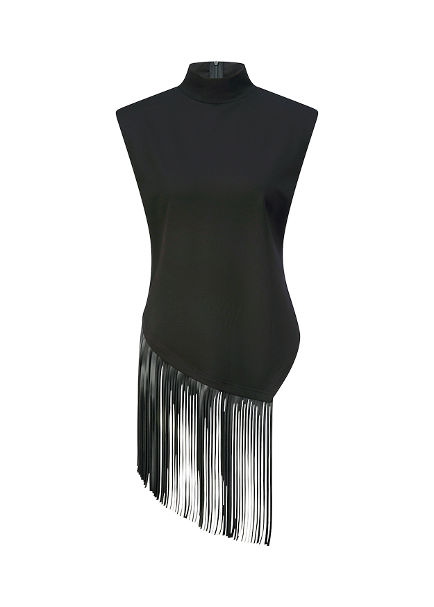 Schwarz, Ärmelloser Top, Fransen, Asymmetrischer Saum, High-Collar