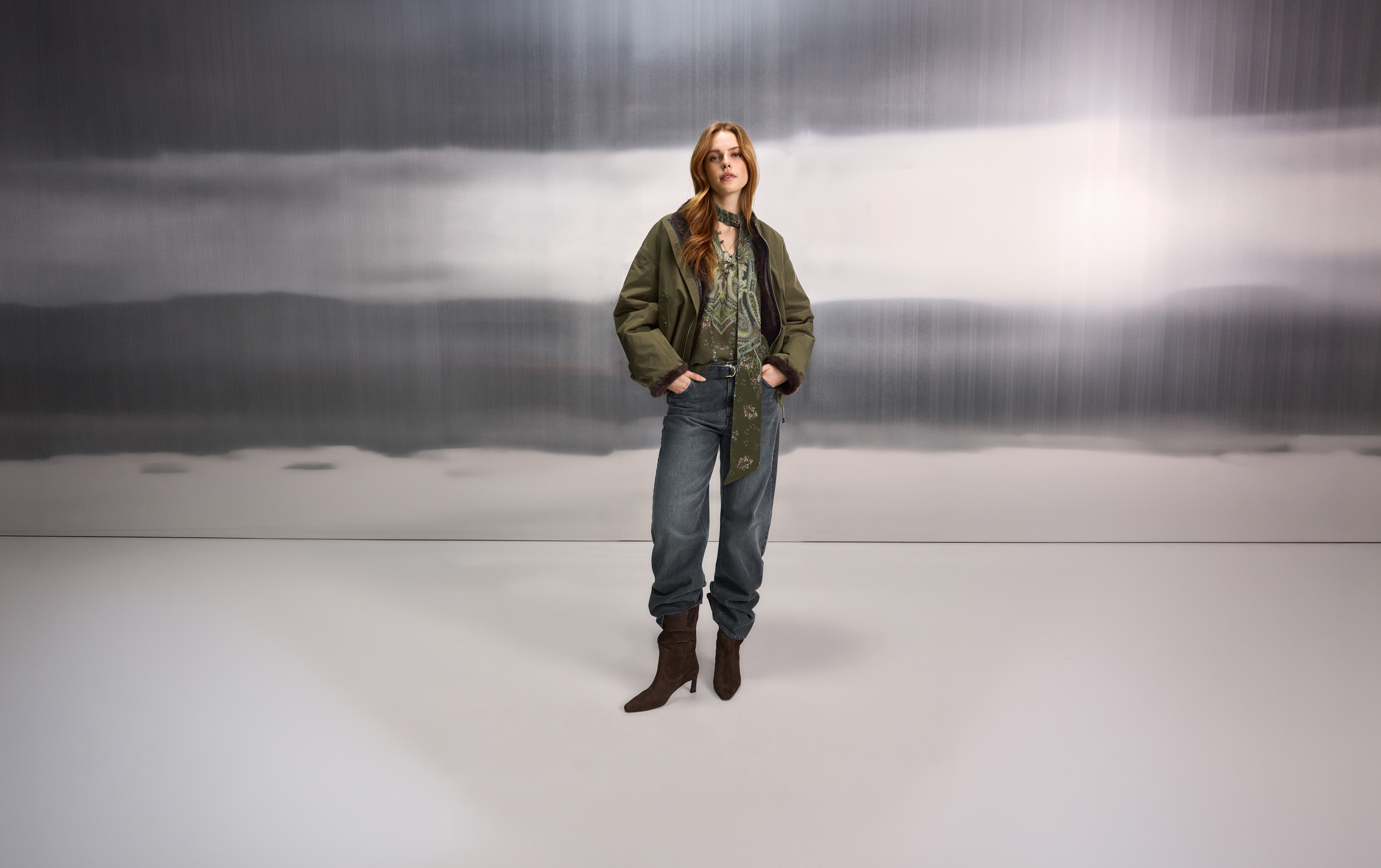 jacke, jeans, stiefel, grün, schnitt