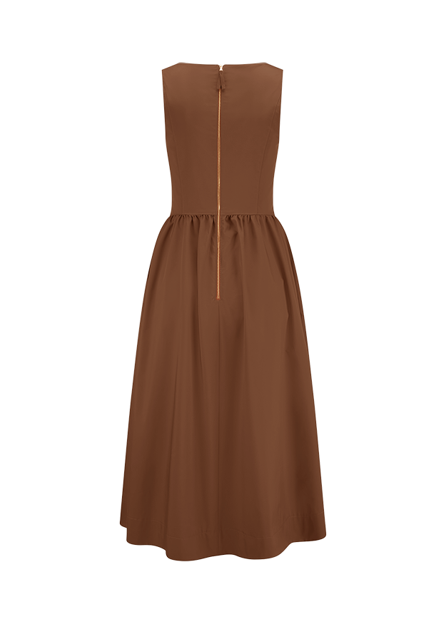 dress, sleeveless, brown, mid-length, back zipper