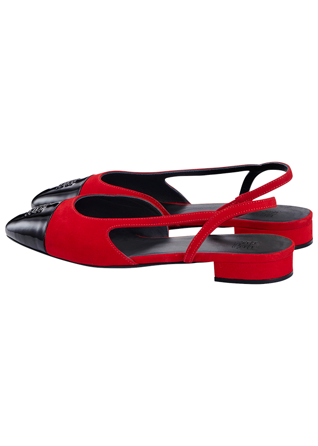 Slingback-Pumps, Rot-schwarz, Veloursleder, Blockabsatz, Schwarze Spitze