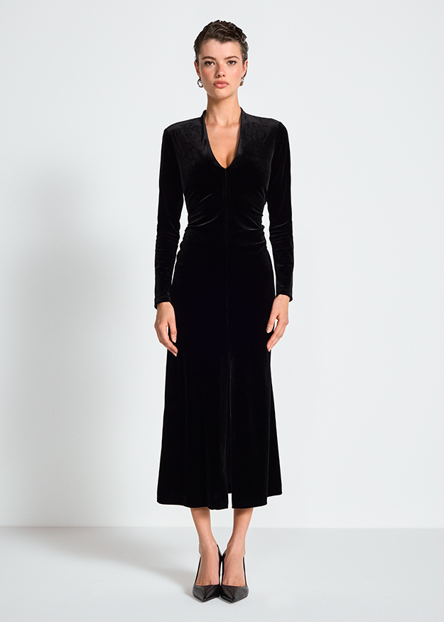 Samt Kleid, Maxikleid, Schwarz, V-Ausschnitt, Lange Ärmel