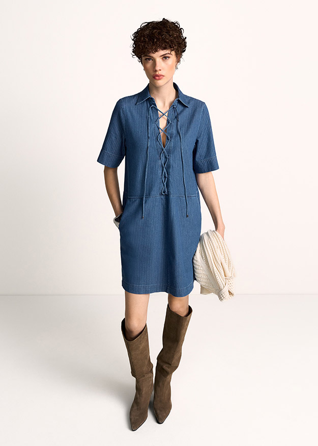 Jeanskleid, Denim, Kleid mit kurzen Ärmel, Lace-up-Verschluss, Stiefel