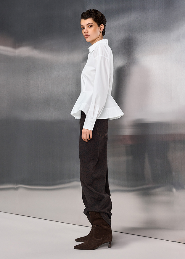 white shirt, ruffled hem, long sleeve, button-down, white blouse