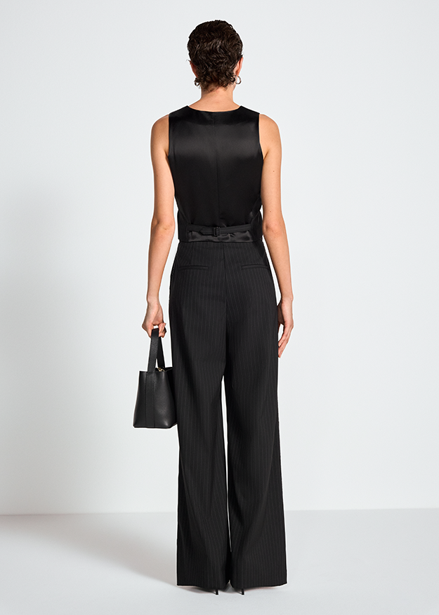 Schwarzer Jumpsuit, Ärmellos, Weites Bein, Nadelstreifen, Taillengürtel