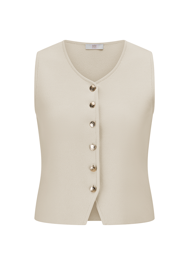 Weste, Knopfverschluss, Kragenlos, Beige, Strukturstoff