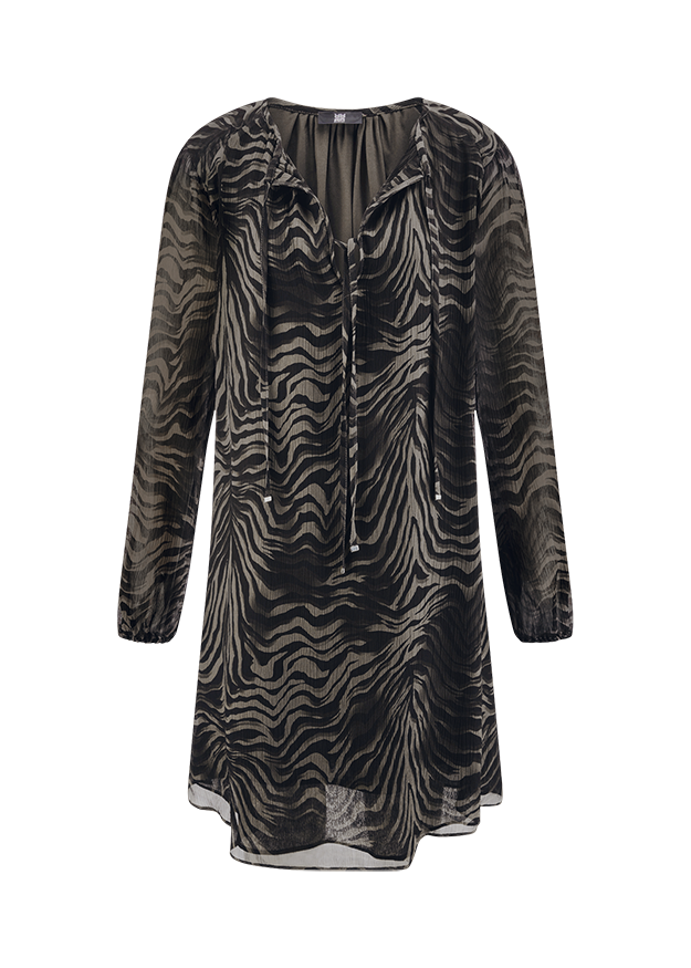 Zebra Muster, Weißer Henley, Shirtkleid, Lockere Passform, Viskose/Chiffon