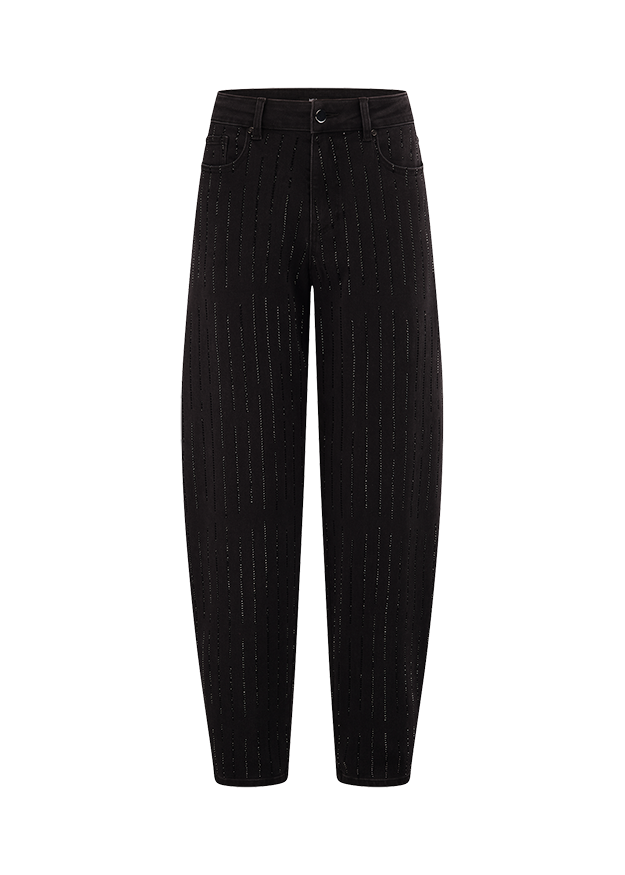 schwarze Hose, Jeans, gerade Passform, Strassstreifen, 5-Pocket-Design