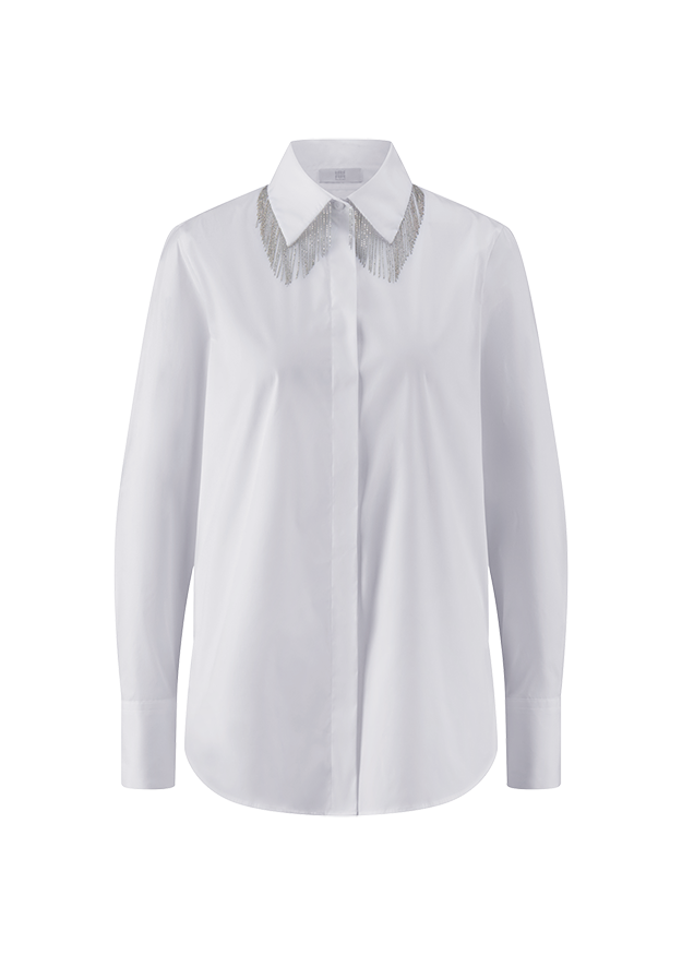weiße Bluse, spitzer Kragen, lange Ärmel, verdeckte Knopfleiste, Strassverzierung
