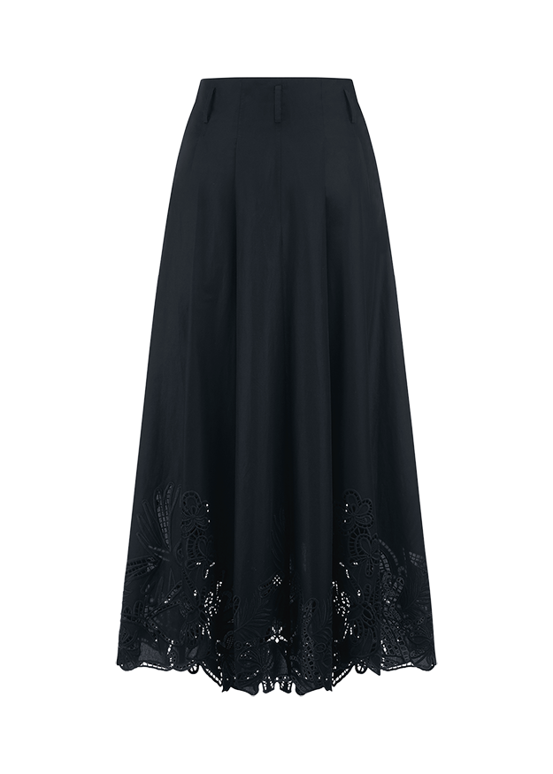Navyblauer Rock, A-Linien-Rock, lange Rock, Spitzenapplikation am Saum, Stickmuster am Saum