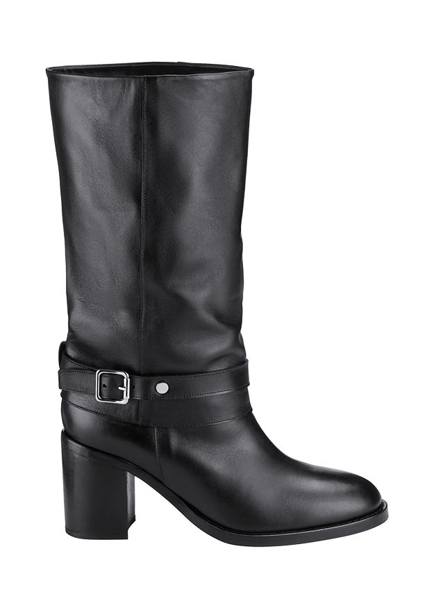 Stiefel, Kniehoch, Schwarz, Gürtel-Detail, Blockabsatz