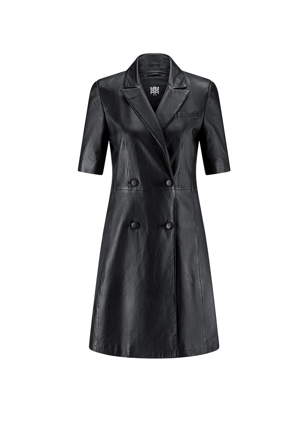 Lederkleid, schwarz, kurze Ärmel, Reverskragen, Zweireiher