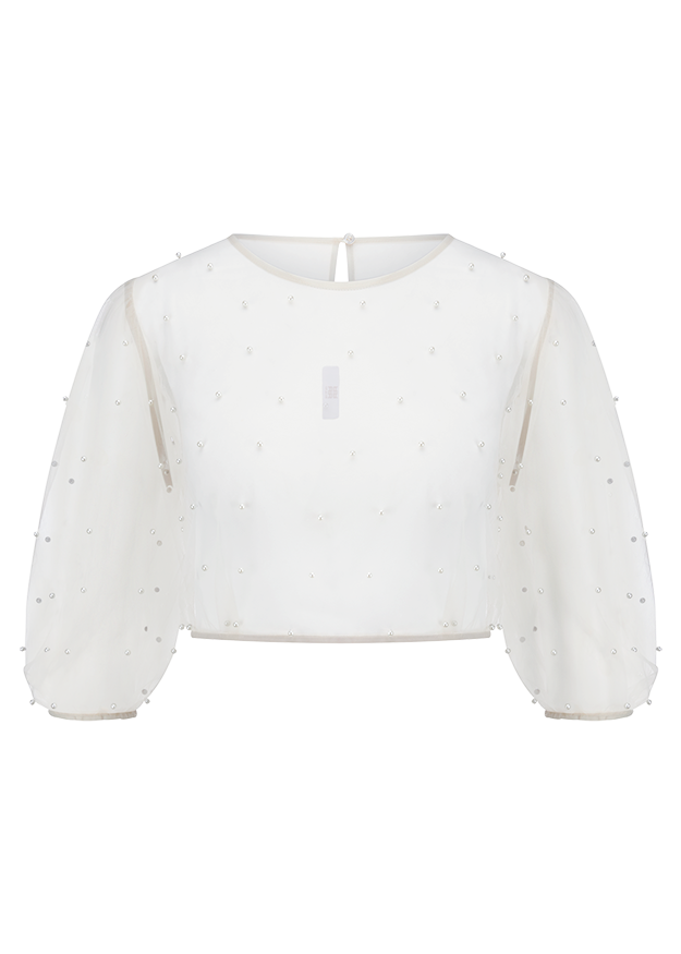 Top, Bluse, Perlen, Puffärmel, Transparent