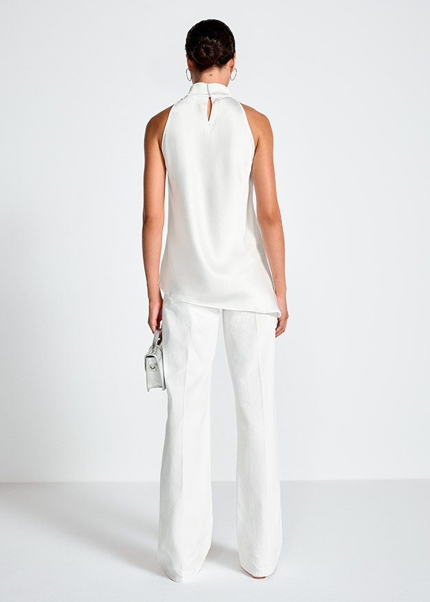 Ärmellose Bluse, Stehkragen, Rückenschlitz, Weiß, Weite Hose