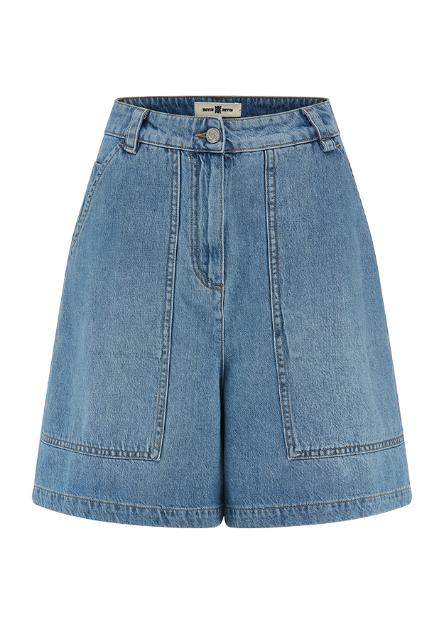 Denim shorts, Jeans short, High waist, Front pockets, Blue denim