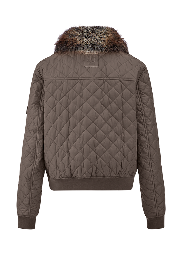 Quilted jacket, Bomber, Fur collar, Brown, Long sleeve
