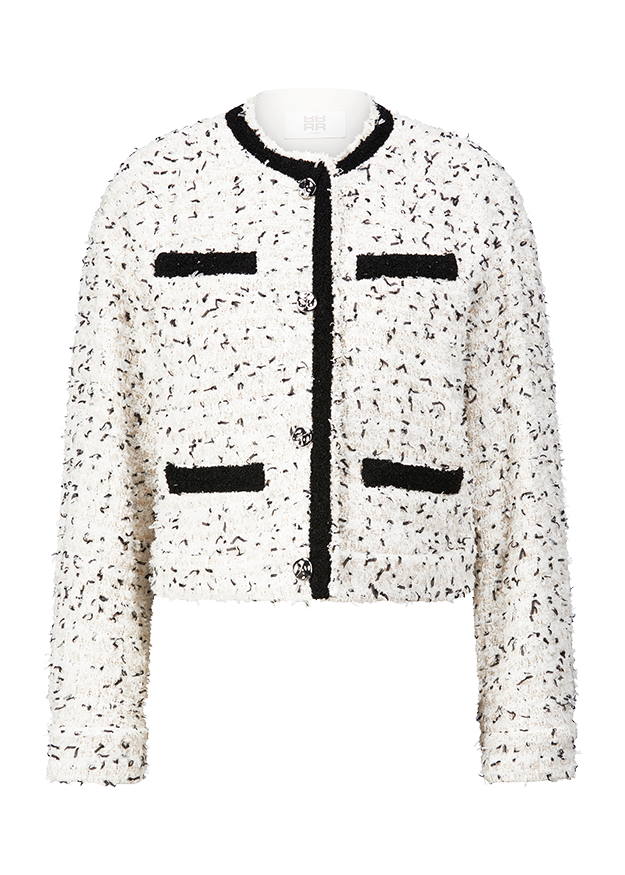 Bouclejacke, Schwarz-Weiß, Kragenlose, Knopfverzierung, Tweed