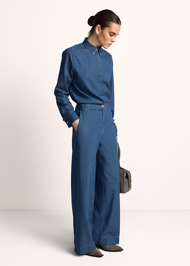 Damenhose, weite Hose, Jeanslook, langärmliges Hemd, unifarben Blau