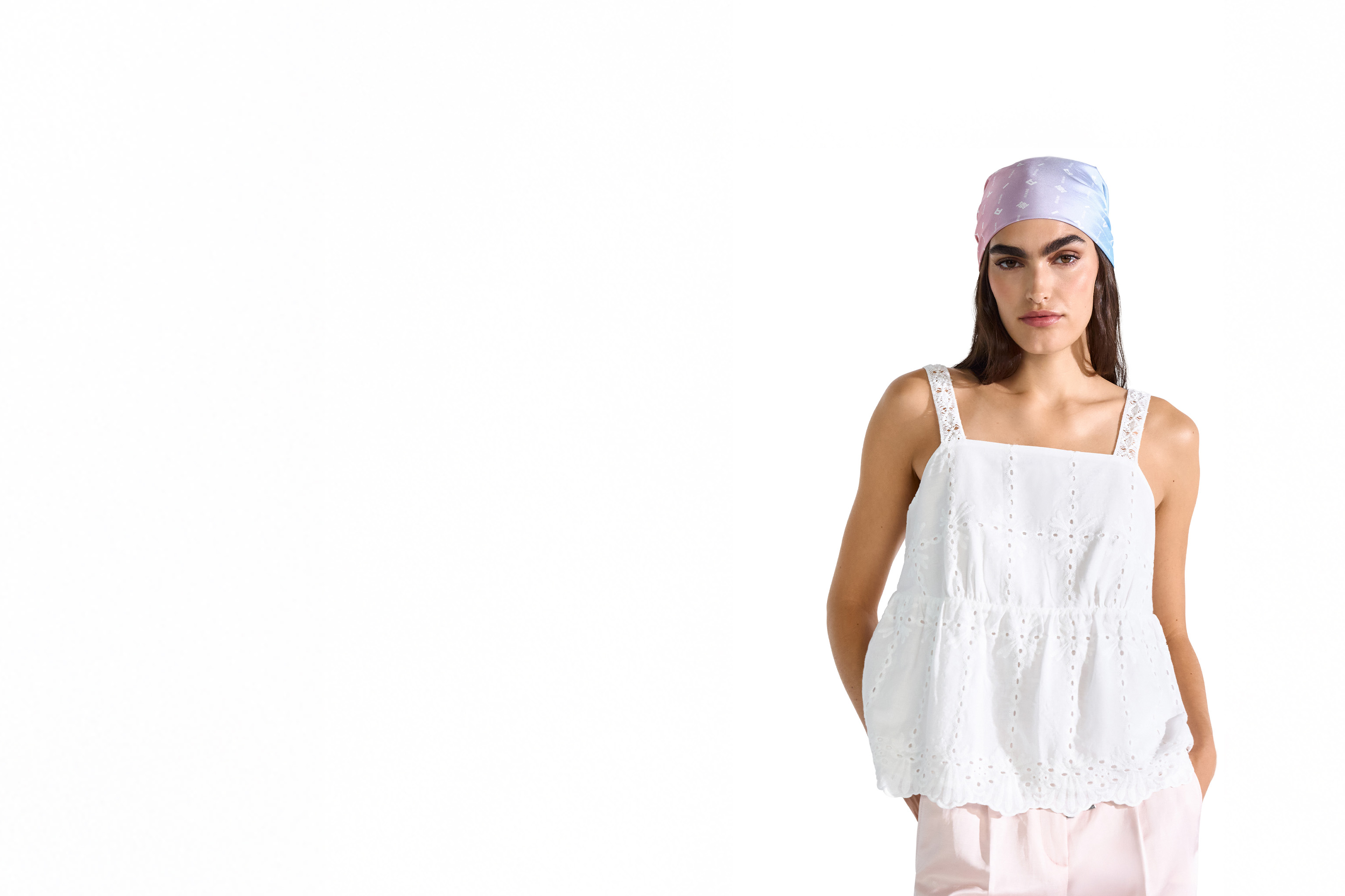 Top, Sleeveless, Weiß, Augenstickerei, Bandana