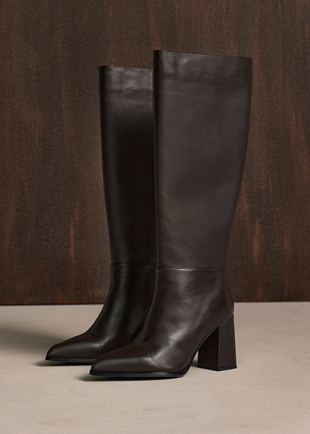 Kuhstiefel, Kniehohe Stiefel, Leder, Schwarz, Blockabsatz