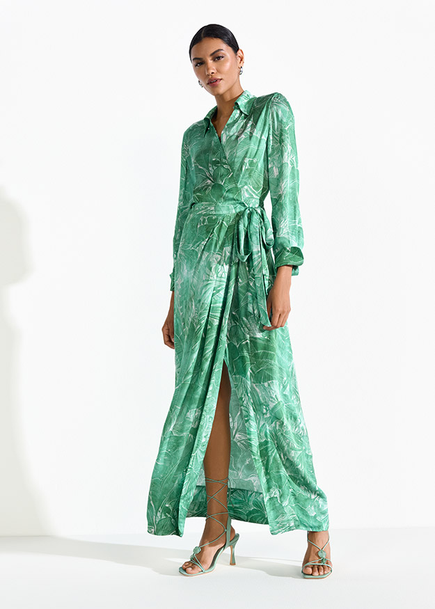 Maxi-Kleid, Wickelkleid, Smaragdgrün, Blättermuster, Schlitz