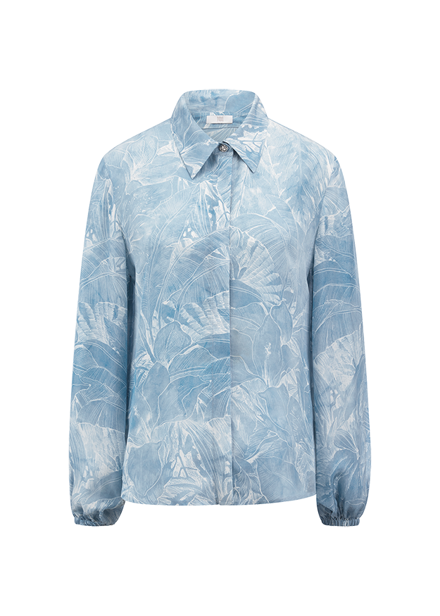 Bluse, Leinenoptik, Gemustert, Langarm, Halsausschnitt