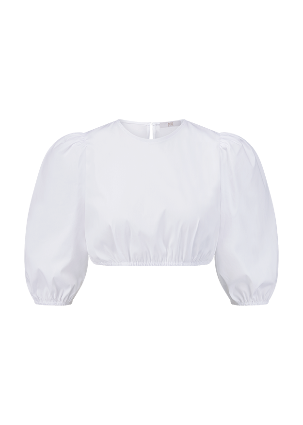 Bluse, Puffärmel, U-Halsa, Kurze Raffung, Weiß