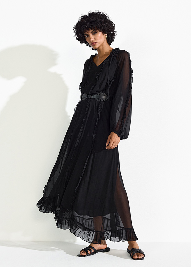 Damenkleid, Maxikleid, Schwarz, Langarm, Transparenz, Rüschen