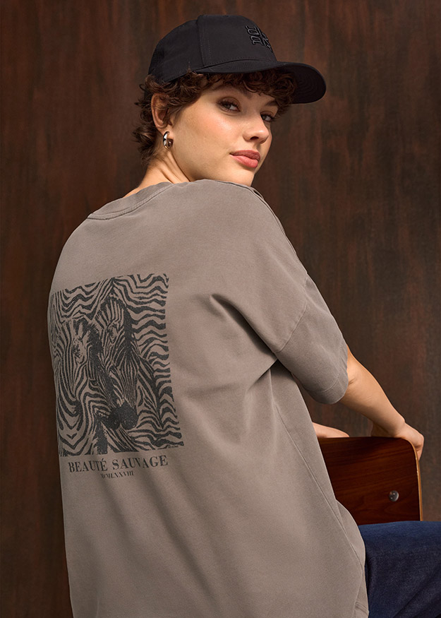 T-Shirt, Grafikdruck, Zebra-Muster, Beigegrau, Kurzarm