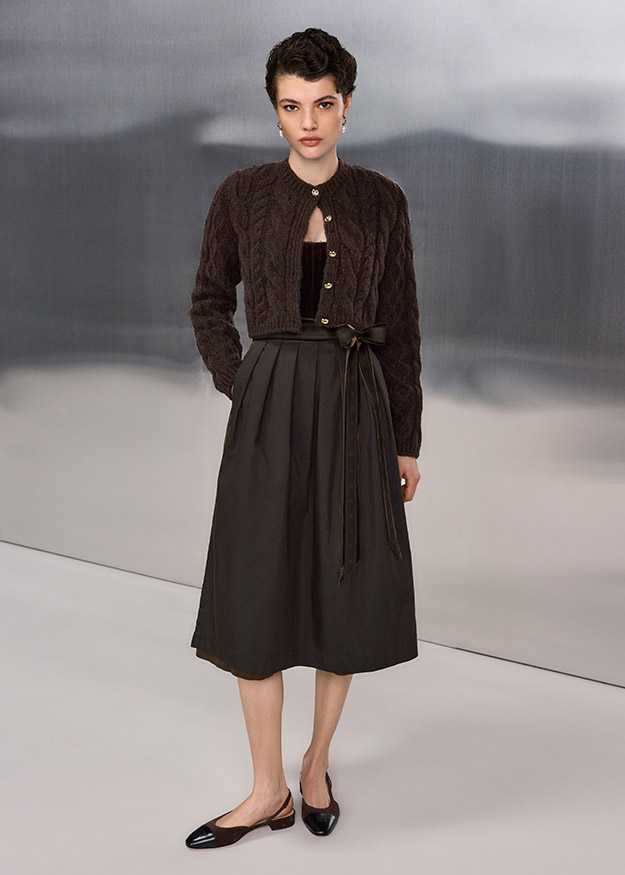 Karojacke, Knopfleiste, Kleid-Rock-Kombination, Midikleid, Dunkelbraun