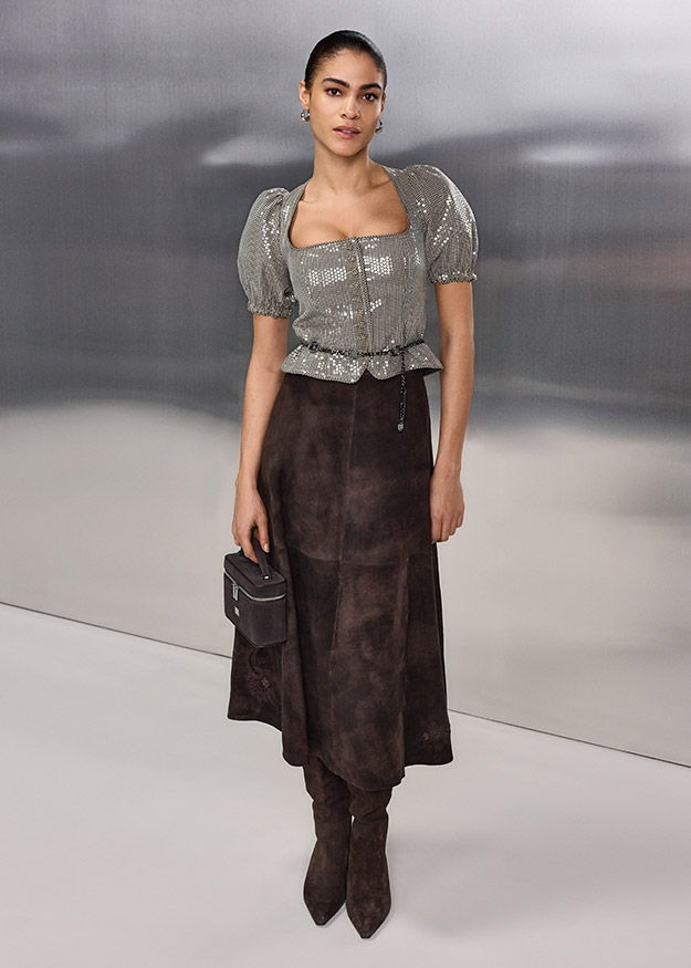 Sequin-Top, Puffärmel, Quadrat-Ausschnitt, Peplum, Knöchellanger-Rock