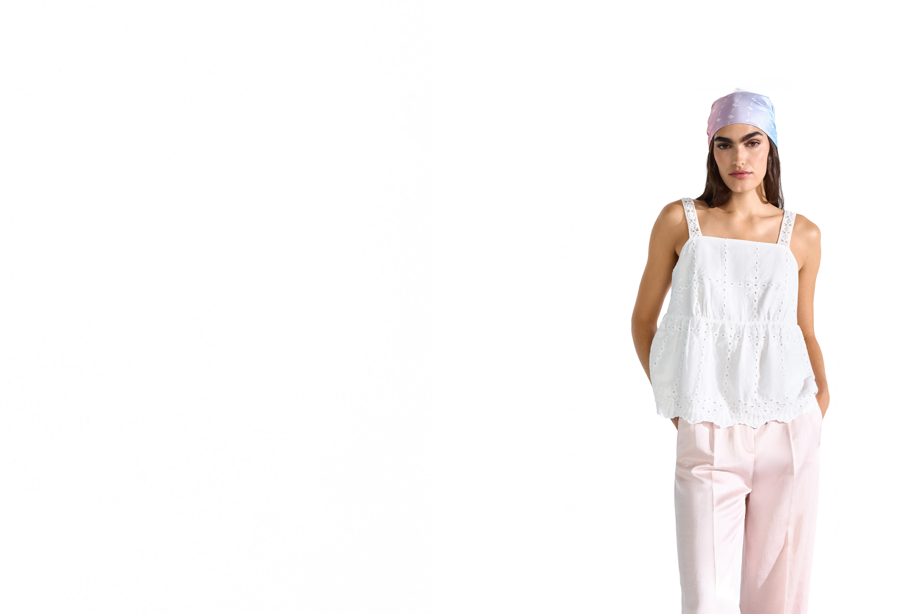 Top, weißer Eyelet-Top, ohne Ärmel, Peplum, rosa Hose