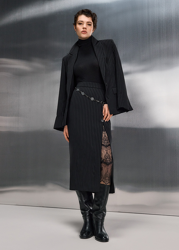  pencil skirt, pinstripe, slit, lace panel, knee-high boots