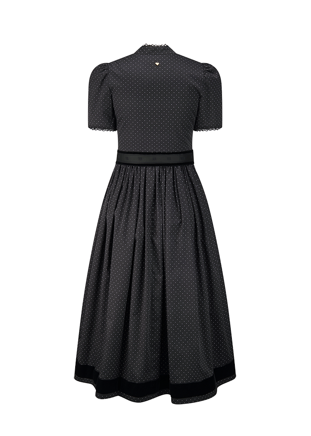 Damenkleid, Pünktchenmuster, Schwarzes Kleid, Taille Gürtel, Puffärmel