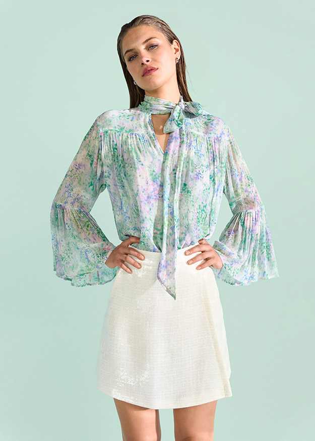 Bluse, Stoffbluse, Pastell, Puffärmel, Schleife