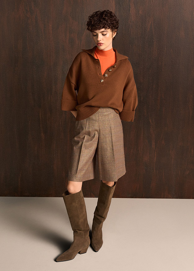 Poncho, Hoher Kragen, Pullover, Stiefel, Kniehohe Stiefel