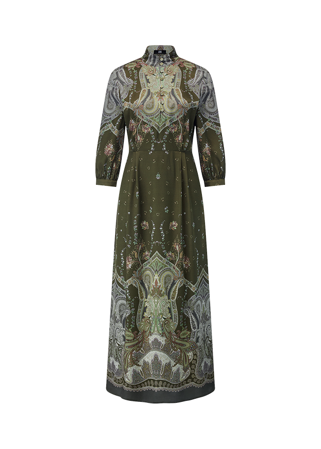 Maxi-Kleid, Boho-Stil, Paisley-Muster, Langarm, Grün