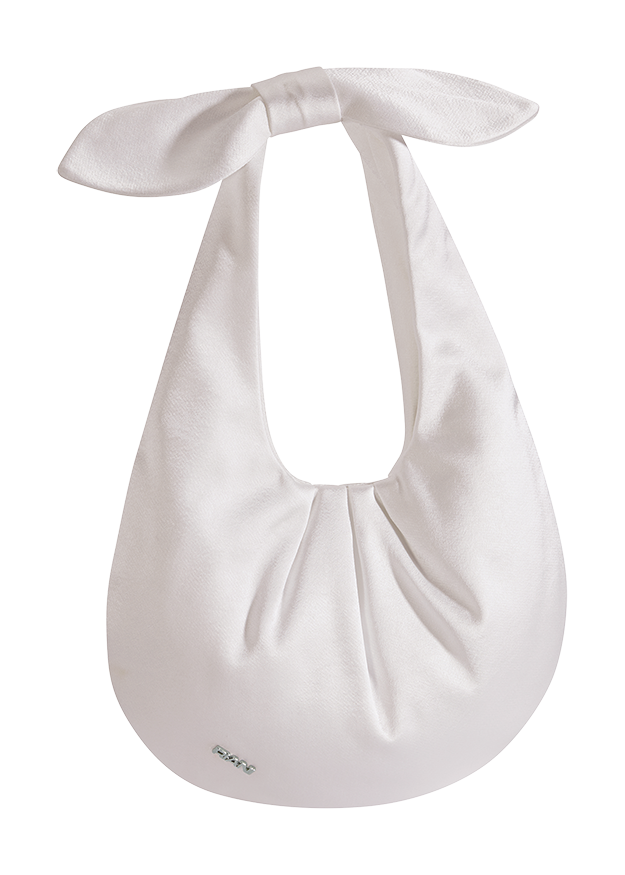 Umhängetasche, Satin, Cremeweiß, Schleifenverschluss, Beuteltasche