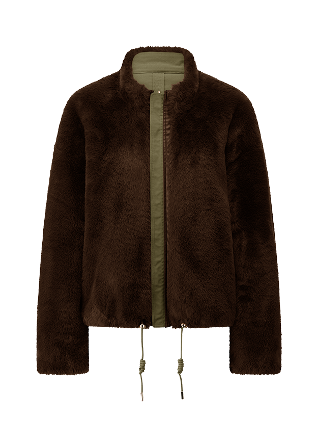 Mantel- oder Bomberjacke, Fell-Optik, braun, Reißverschluss, Kragenlosen Jacke