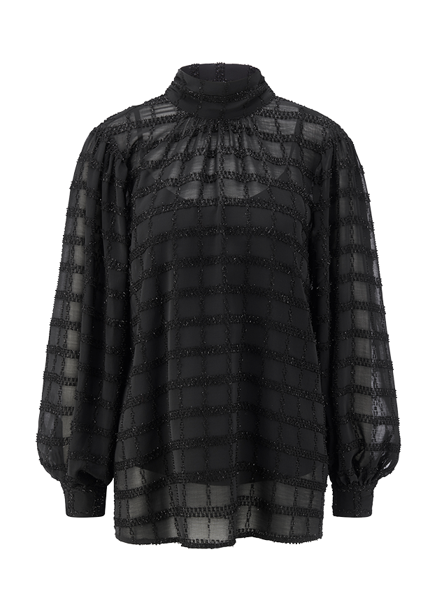 Bluse, Schwarz, Stehkragen, Transparent, Karomuster