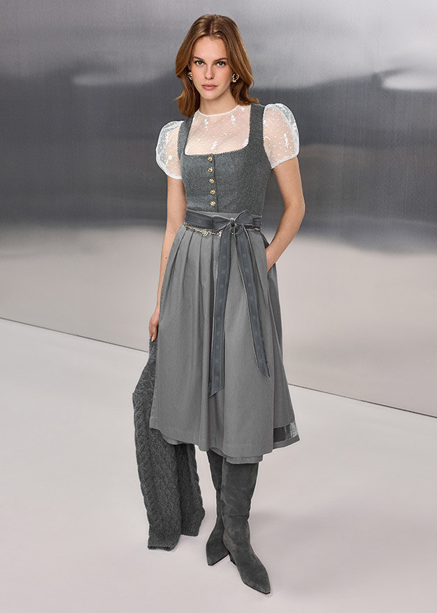 Kleid, Dirndl, Graues Kleid, Spitzenärmel, Niedrige Taille