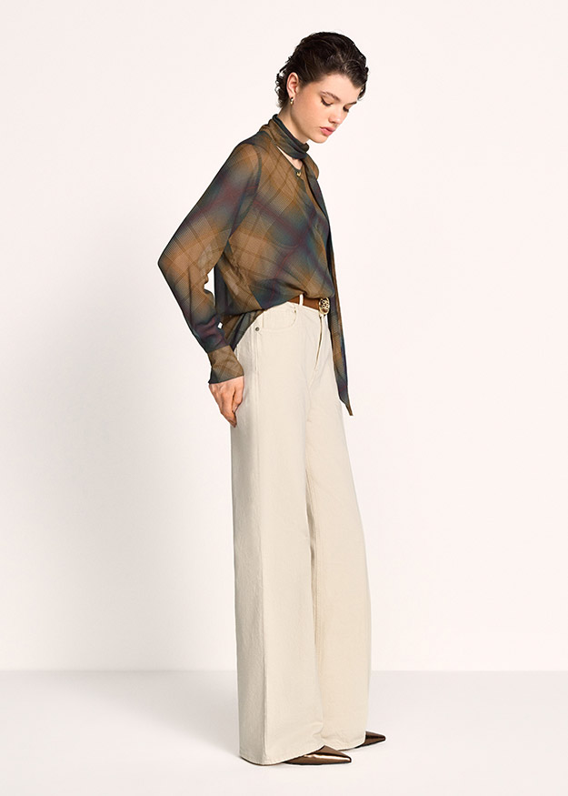 Cardigan, Bluse, Karomuster, transparente Bluse, weite Hose