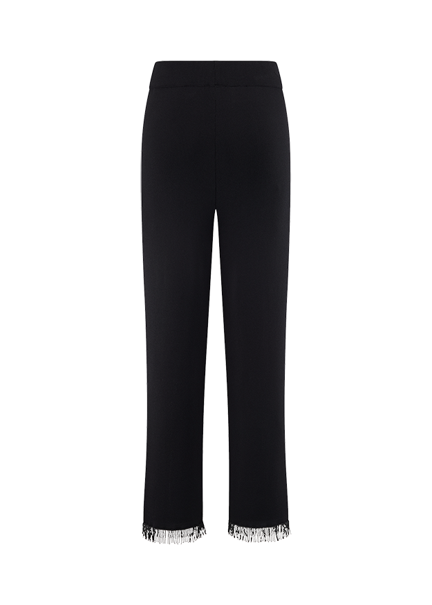 Schwarze Hose, Gerades Bein, Fransensaum, Elastischer Bund