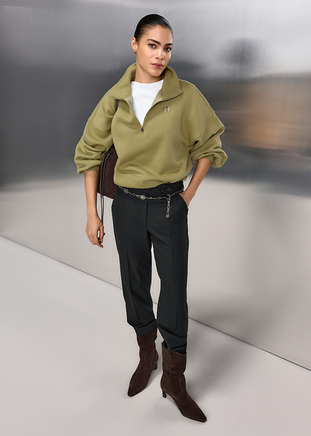 Sweatshirt, Zip-neck, Olive, Oversized, Pants belt