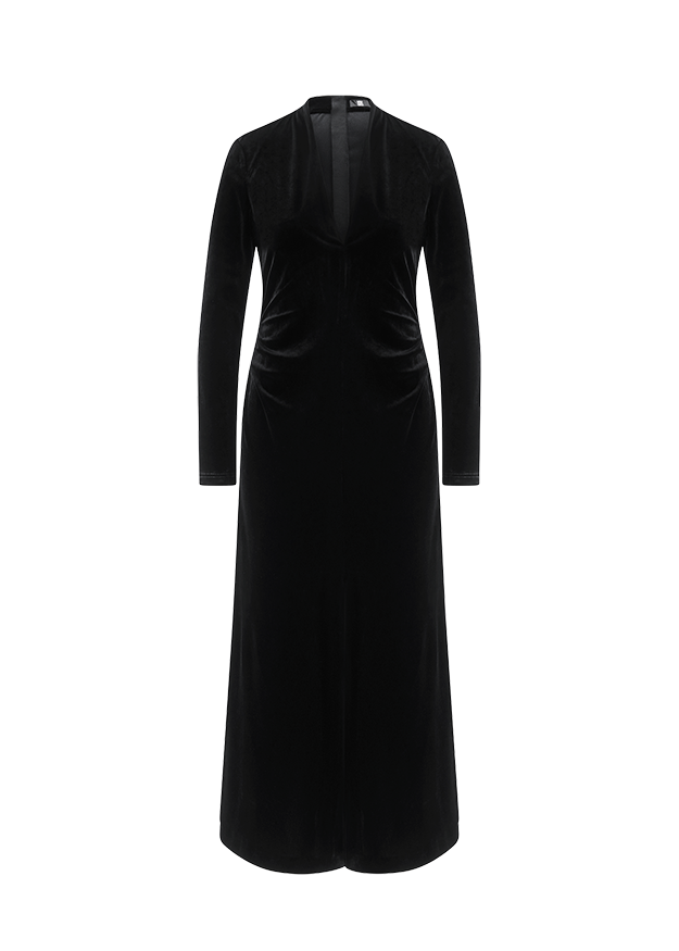 Abendkleid, Samt, Schwarz, Langarm, Maxikleid